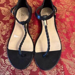 Vince Camuto Black Braided T-Strap Sandals with Gold Accent